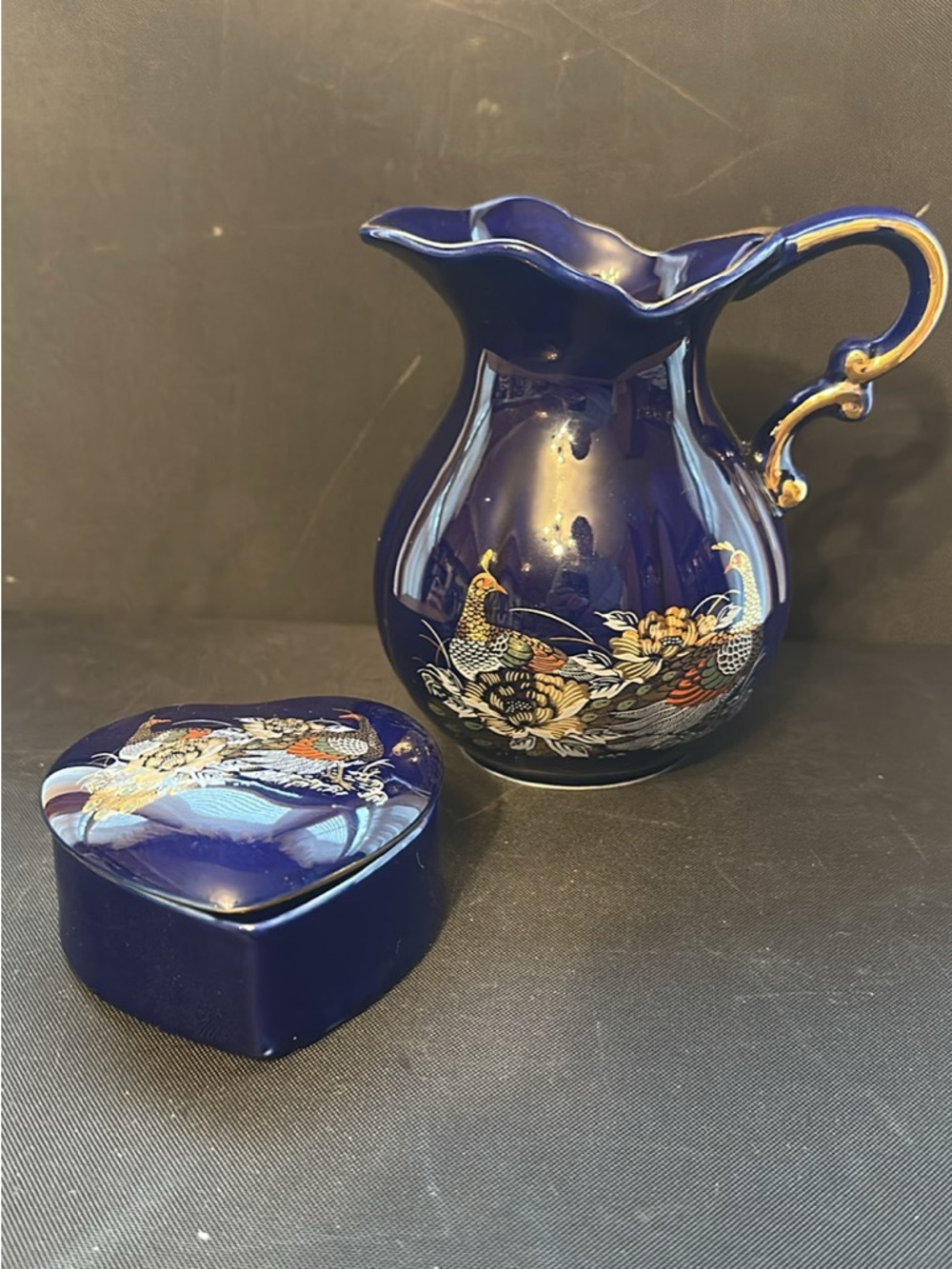 Cobalt Blue Floral Porcelain Pitcher and Heart Trinket Box